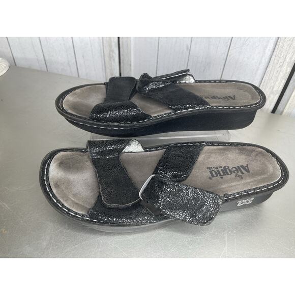 Alegria Sandals Womens 41 US 10-11 Slip On Slide Shoes Black Crackle Leather - Picture 1 of 6